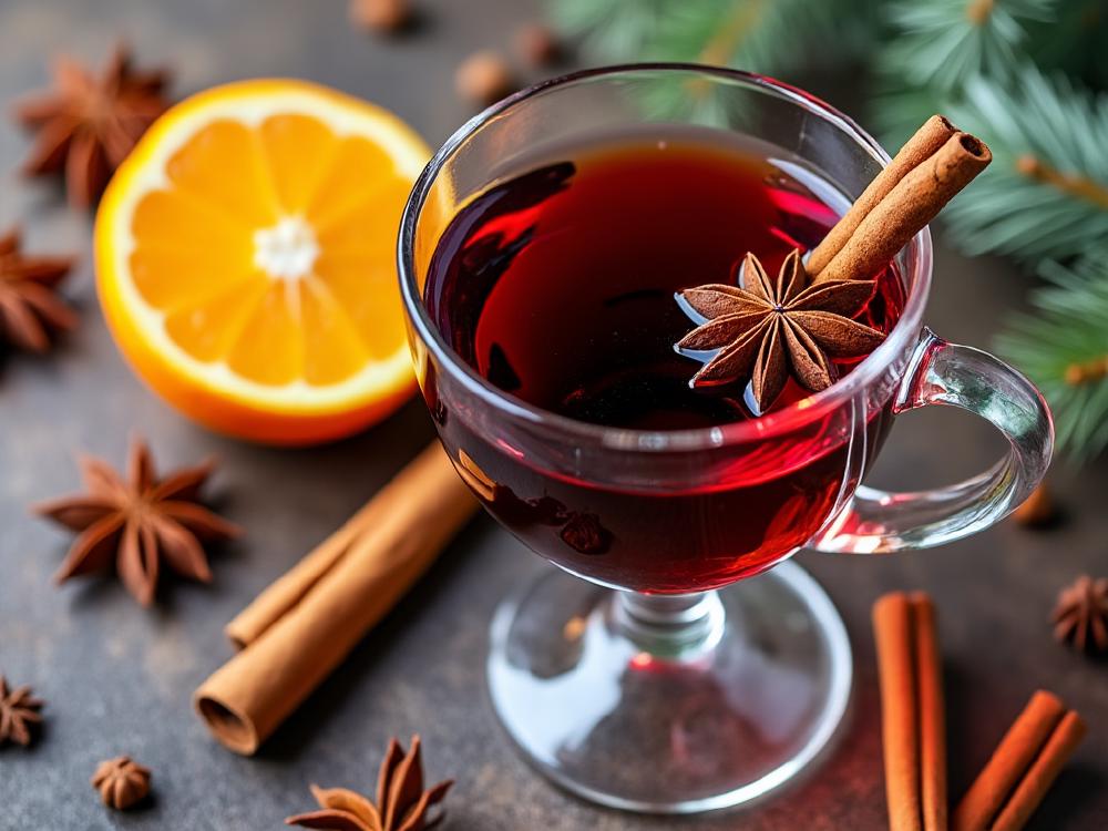 The Gluehwein Punch (cocktail, , ) - Glühwein, meaning glowing wine, is a warm, spiced wine beverage belonging to the **mulled wine** family.  Originating in medieval Germany, it's a comforting drink enjoyed during the cold months, especially around Christmas markets. 